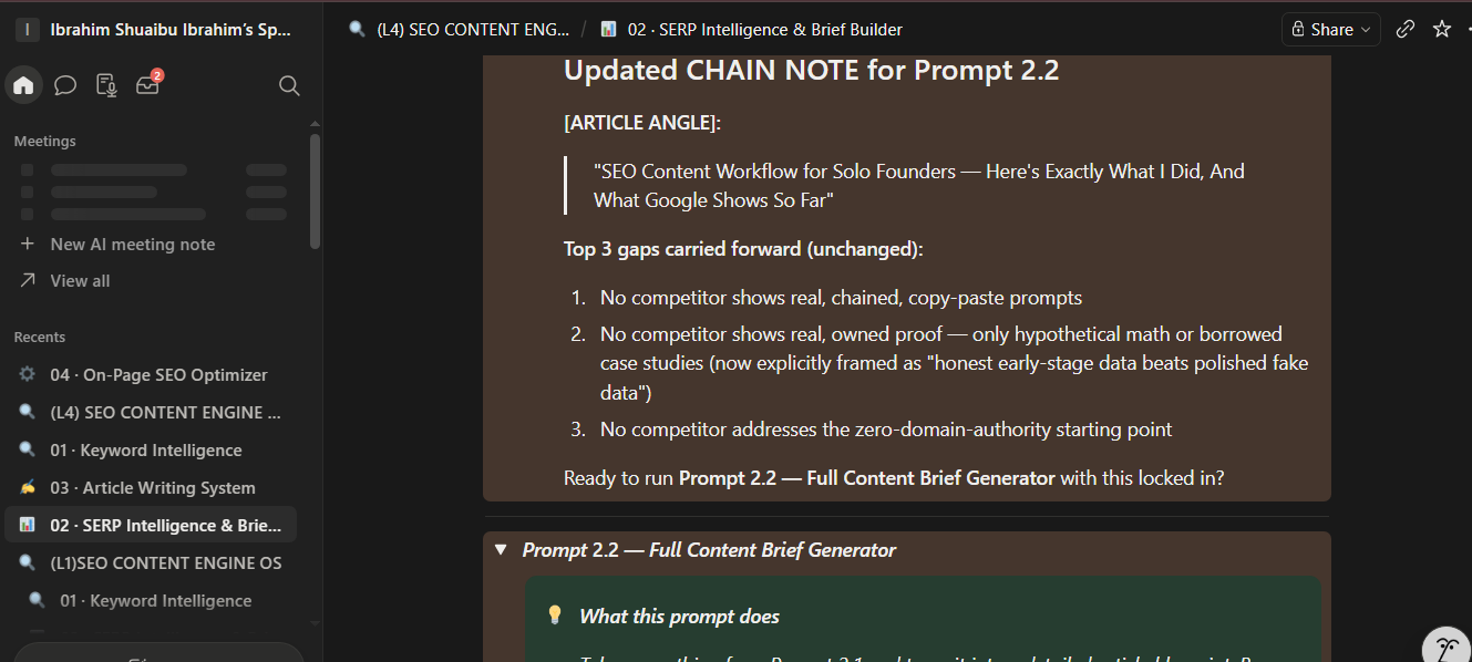 Chained AI prompt sequence in Notion